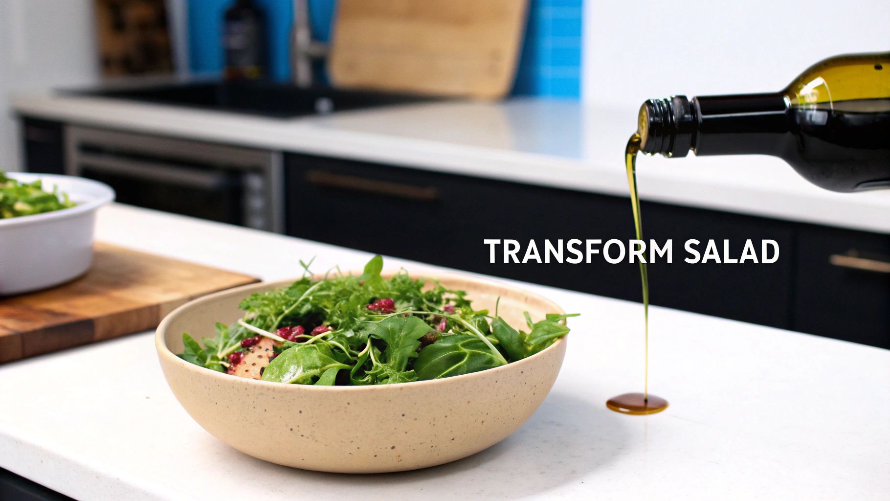 A dark bottle pours olive oil onto a white kitchen counter next to a fresh green salad.