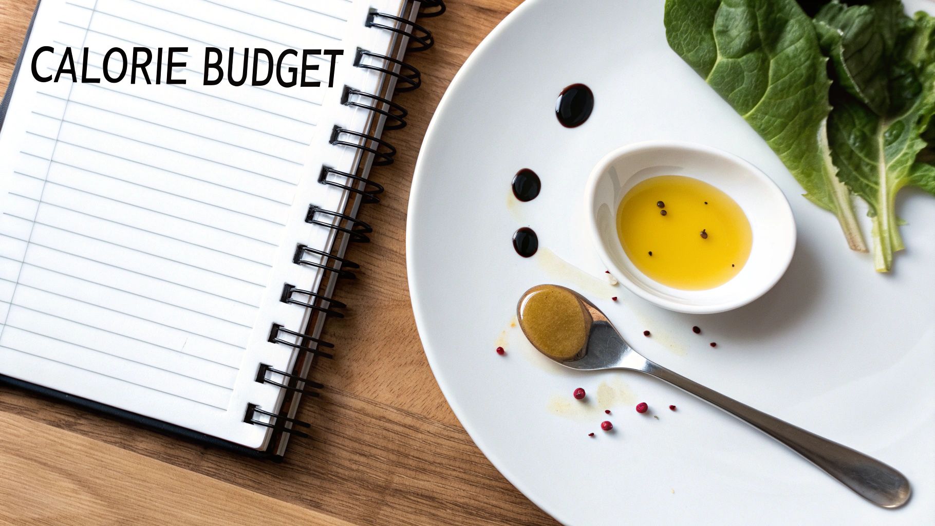 A 'CALORIE BUDGET' notebook beside a plate with olive oil, vinaigrette, and fresh greens.