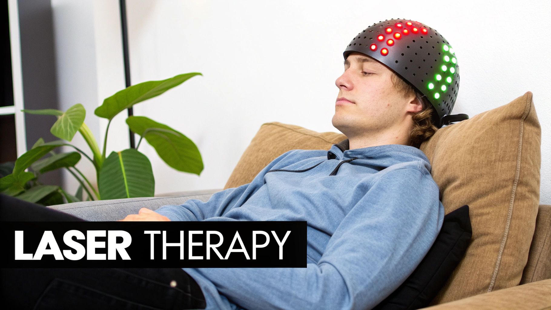 A man relaxing on a couch, wearing a red and green lighted helmet for laser therapy.