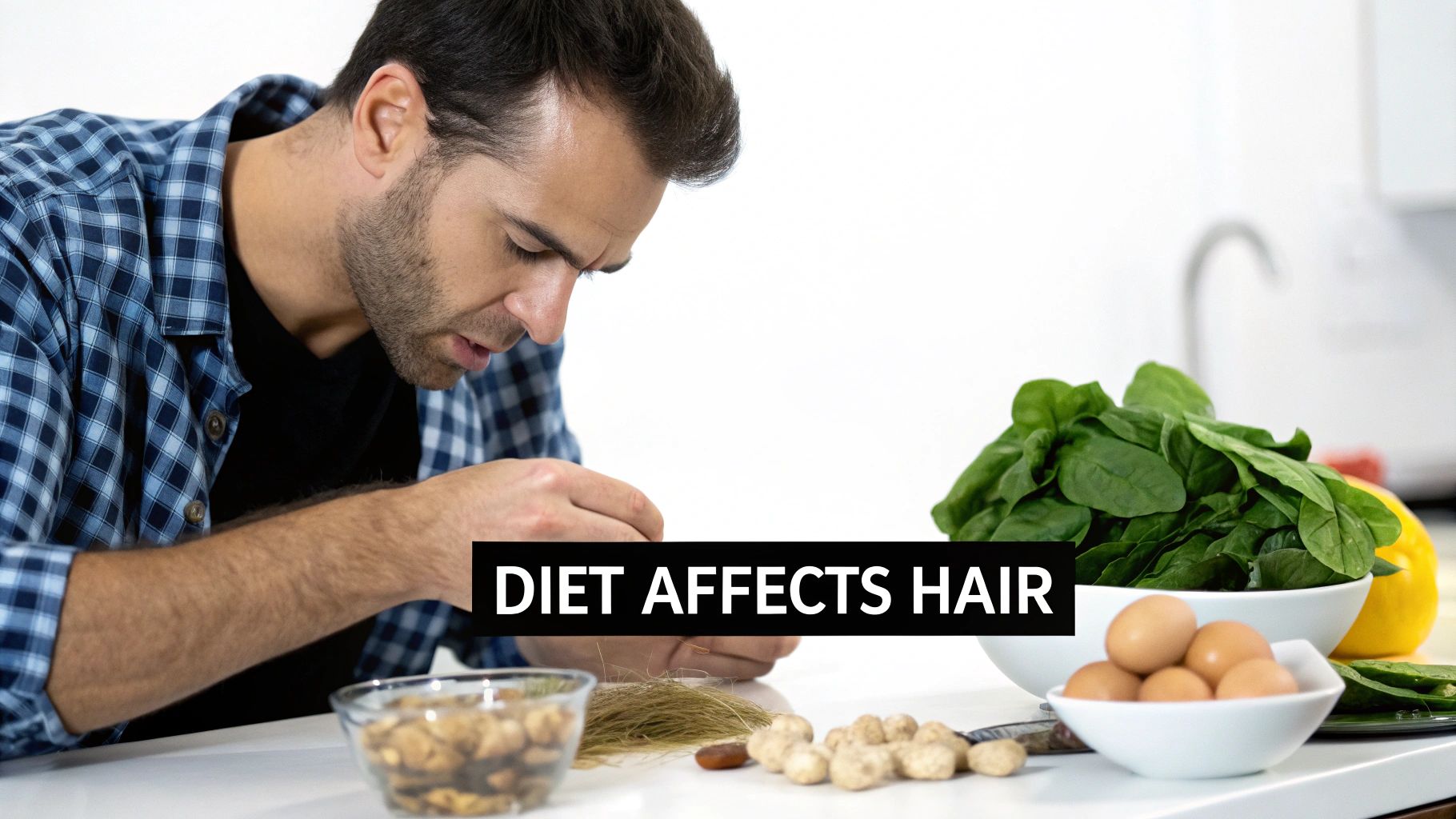 A man examines hair strands on a table with spinach, eggs, and nuts, text says 'DIET AFFECTS HAIR'.