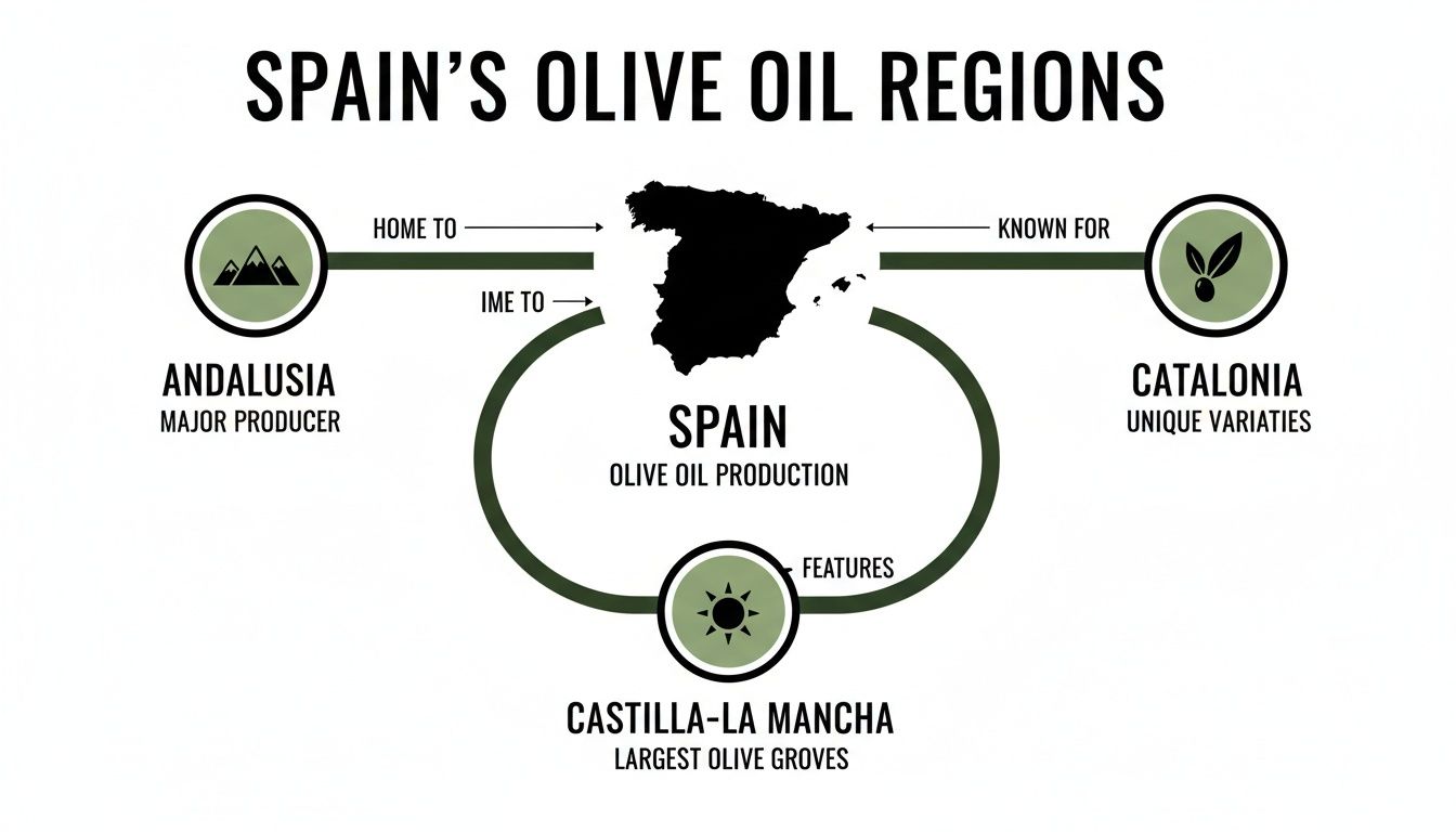 Infographic showing Spain's olive oil regions: Andalusia, Catalonia, and Castilla-La Mancha, with key characteristics.