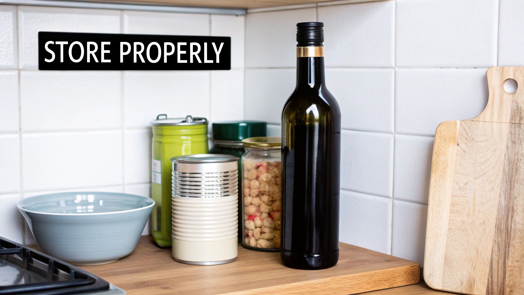 Kitchen counter with olive oil, food containers, a cutting board, and a 'STORE PROPERly' sign.