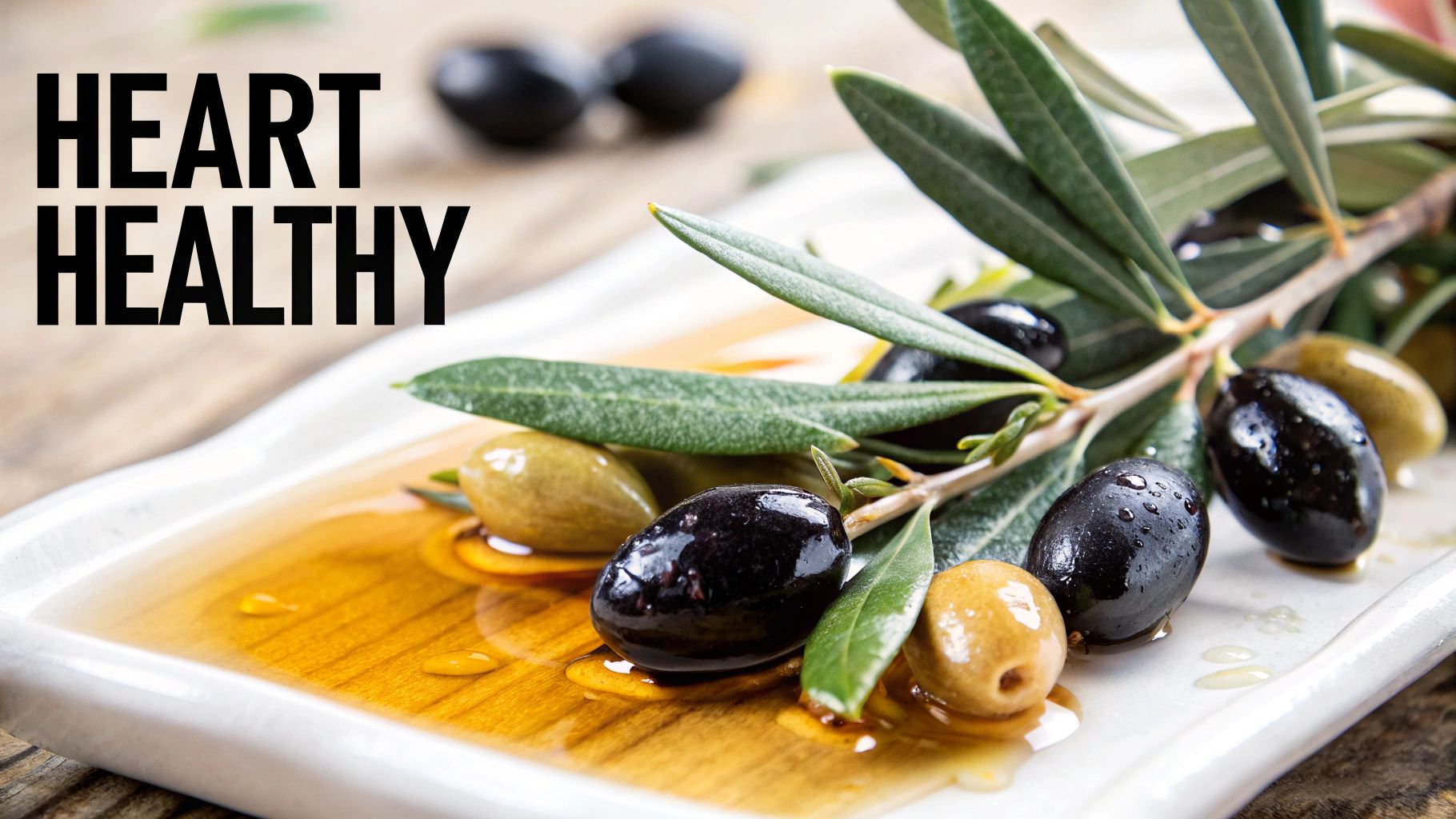 A glass bottle of olive oil next to a bowl of green olives on a wooden surface