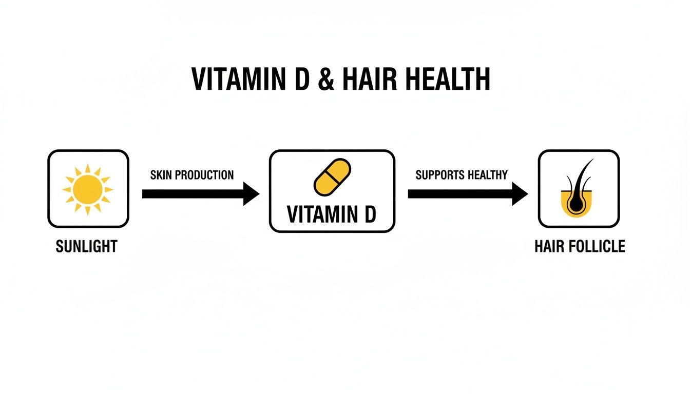 Diagram showing sunlight leading to Vitamin D production, which supports healthy hair follicles.