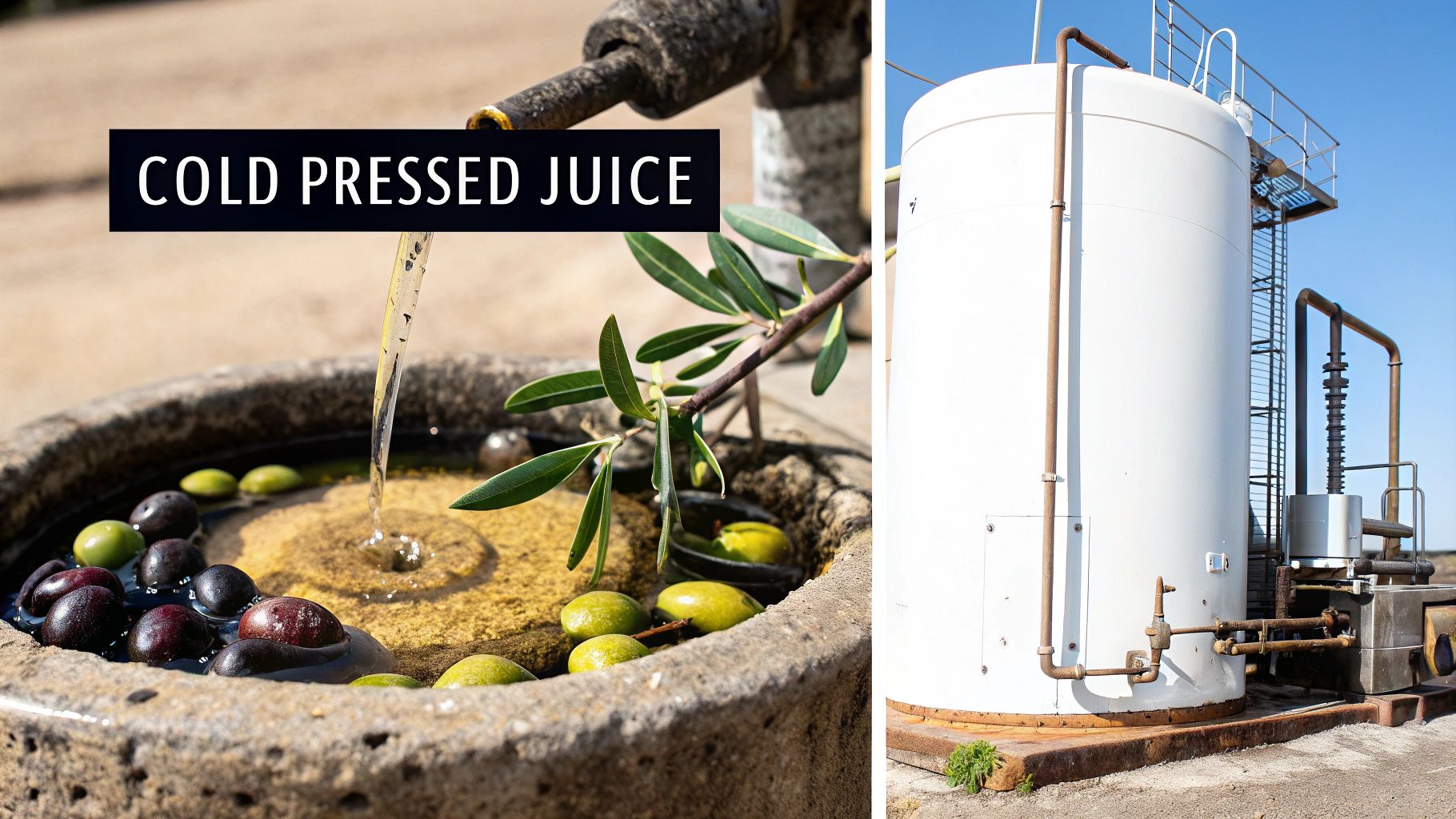 A close-up shot of olives being pressed to extract oil, highlighting the mechanical process.