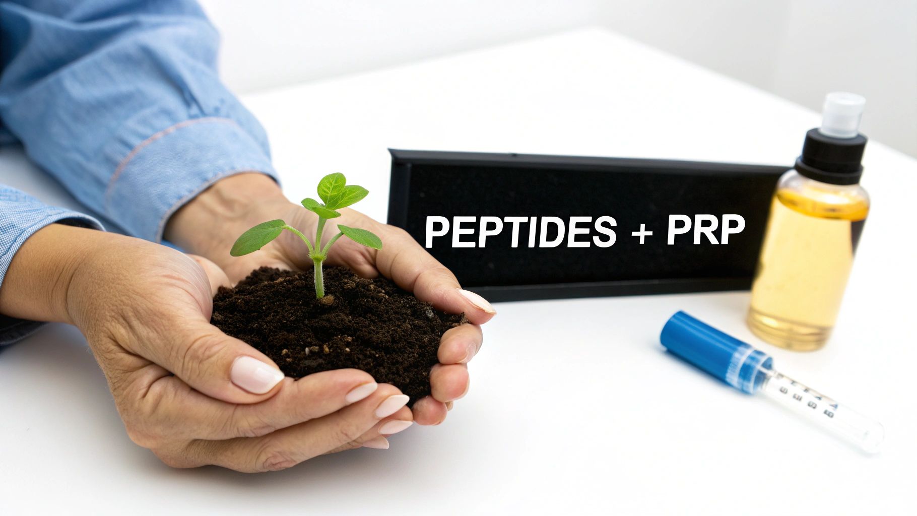 Hands gently hold a sprouting plant, symbolizing growth, next to 'PEPTIDES + PRP' sign, a serum bottle, and syringe.