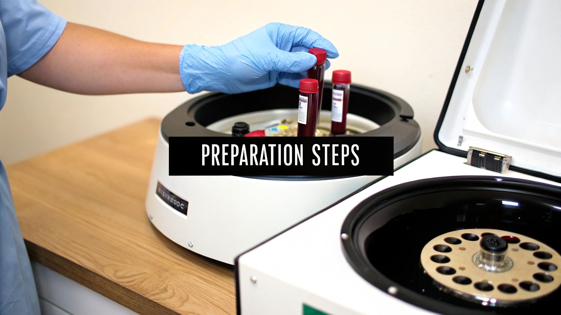 A gloved hand places blood sample tubes into a laboratory centrifuge for processing.