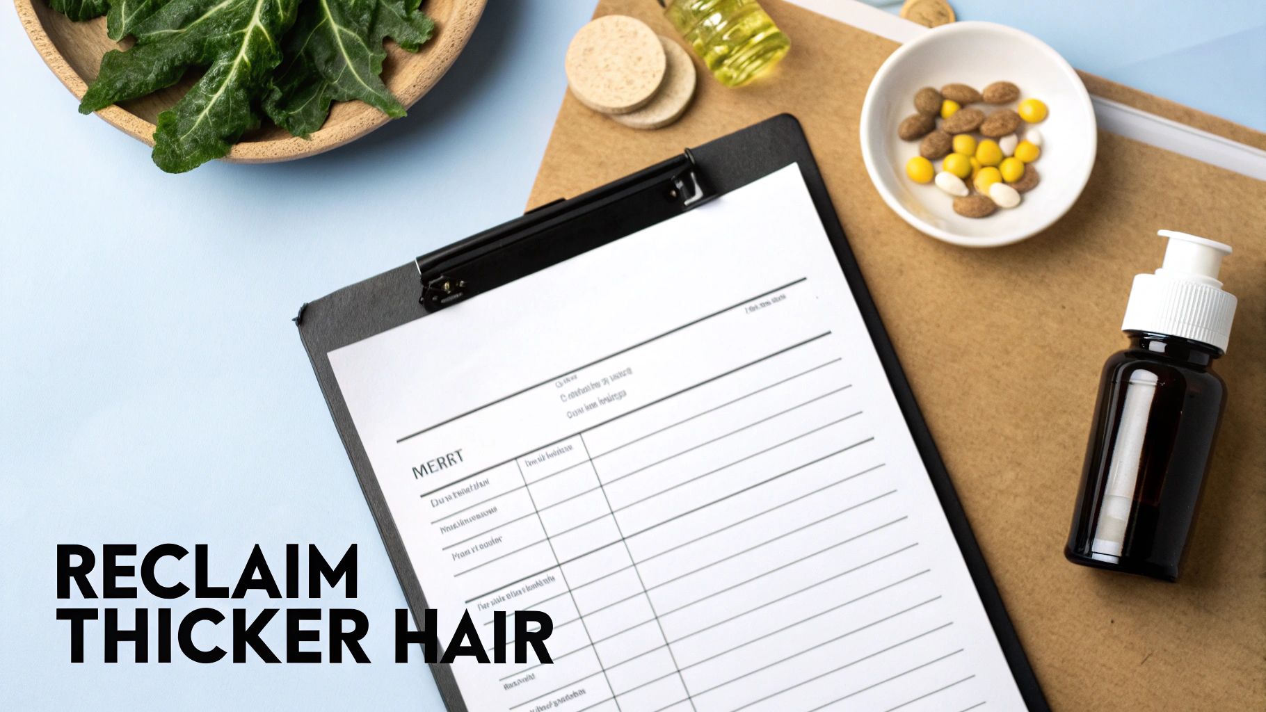 A flat lay displaying items for hair health: leafy greens, various supplements, hair oil, and a serum bottle, with text 'Reclaim Thicker Hair'.