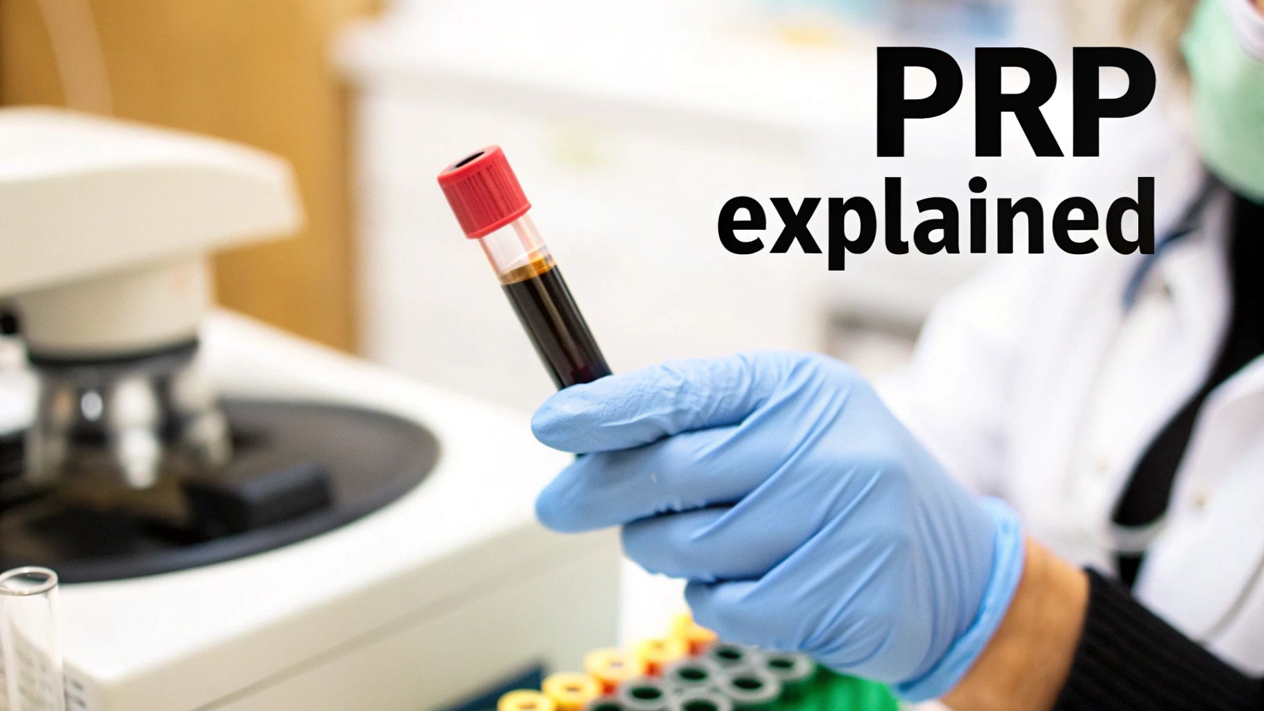 A gloved hand holds a blood sample tube in a lab with a centrifuge, text 'PRP explained'.
