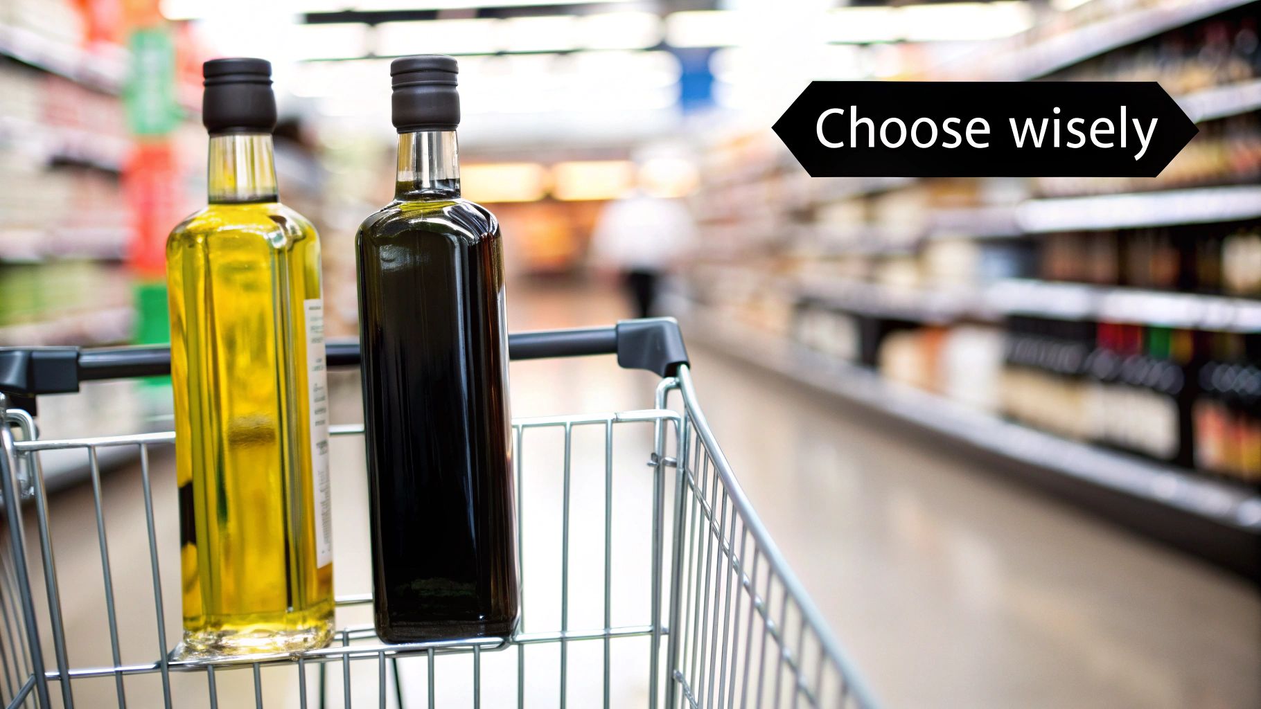 Two bottles of olive oil, one light and one dark, in a supermarket shopping cart, with 'Choose wisely' text.
