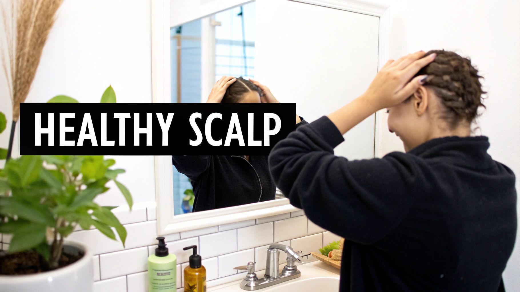 A person with braided hair looks in a bathroom mirror, touching their scalp, with 'HEALTHY SCALP' text overlay.
