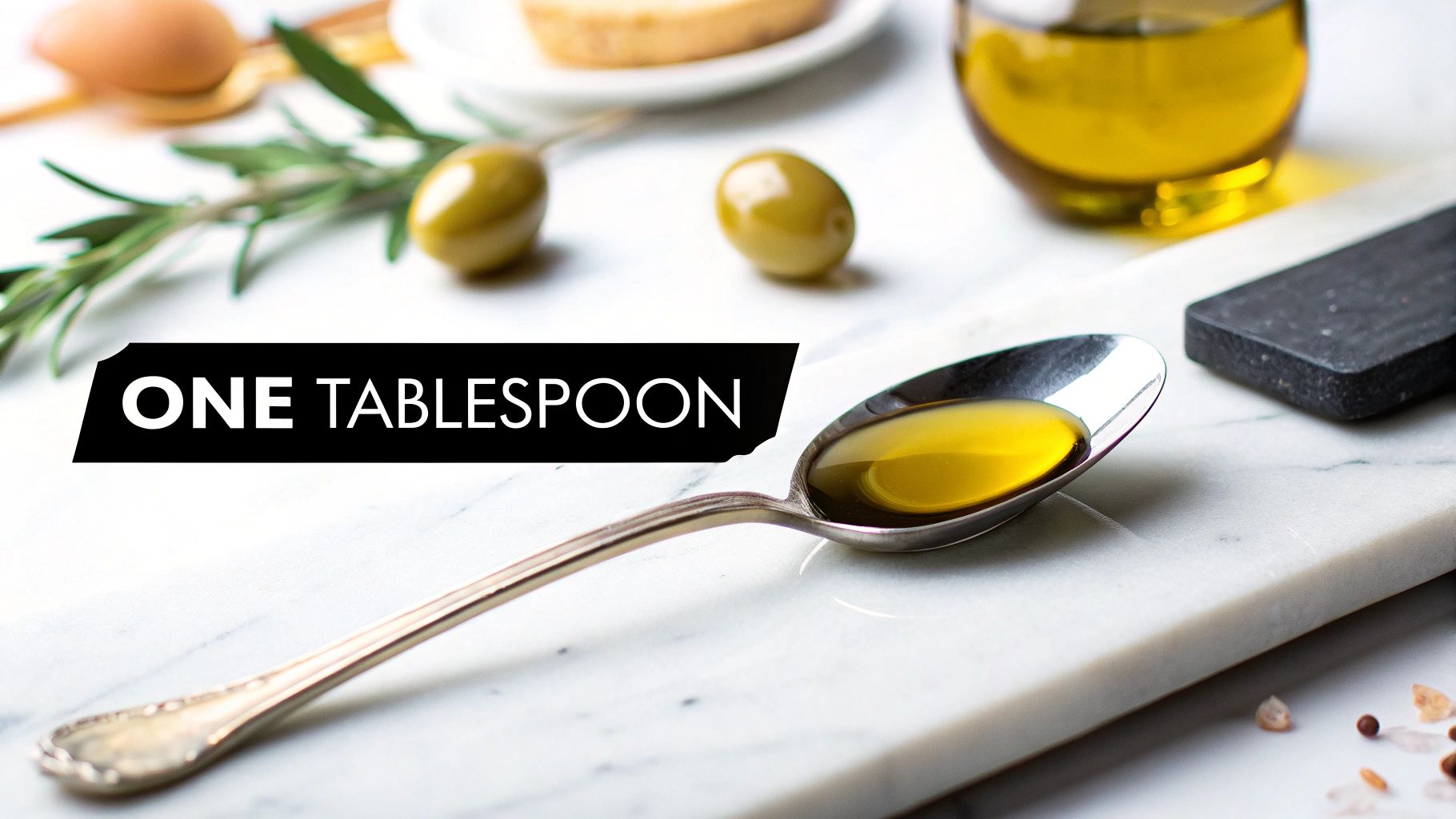 One tablespoon of golden olive oil in silver spoon with olives and rosemary