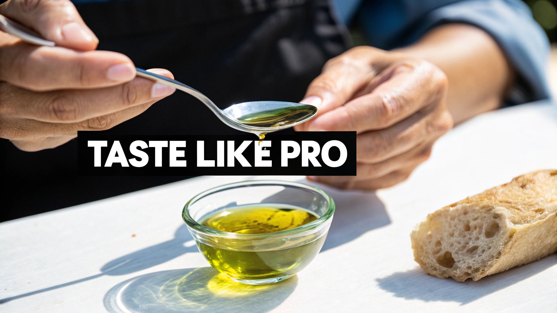 A person holds a spoon of olive oil, dripping into a bowl, with a piece of bread nearby. Text says 'TASTE LIKE PRO'.