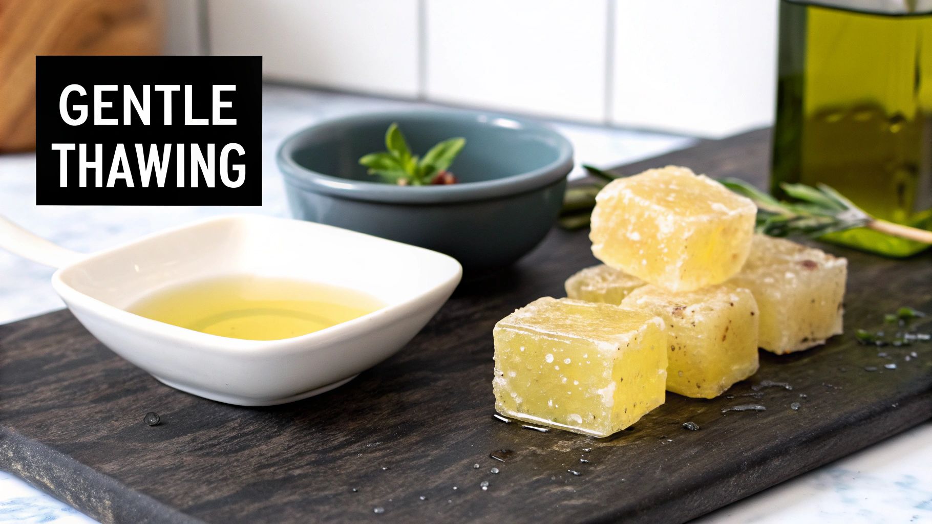 A bottle of olive oil with a cloudy, semi-solid appearance during the thawing process.