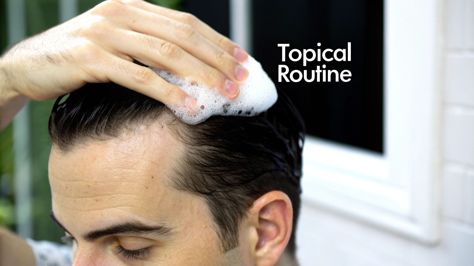 Man applying a topical hair loss treatment to his scalp