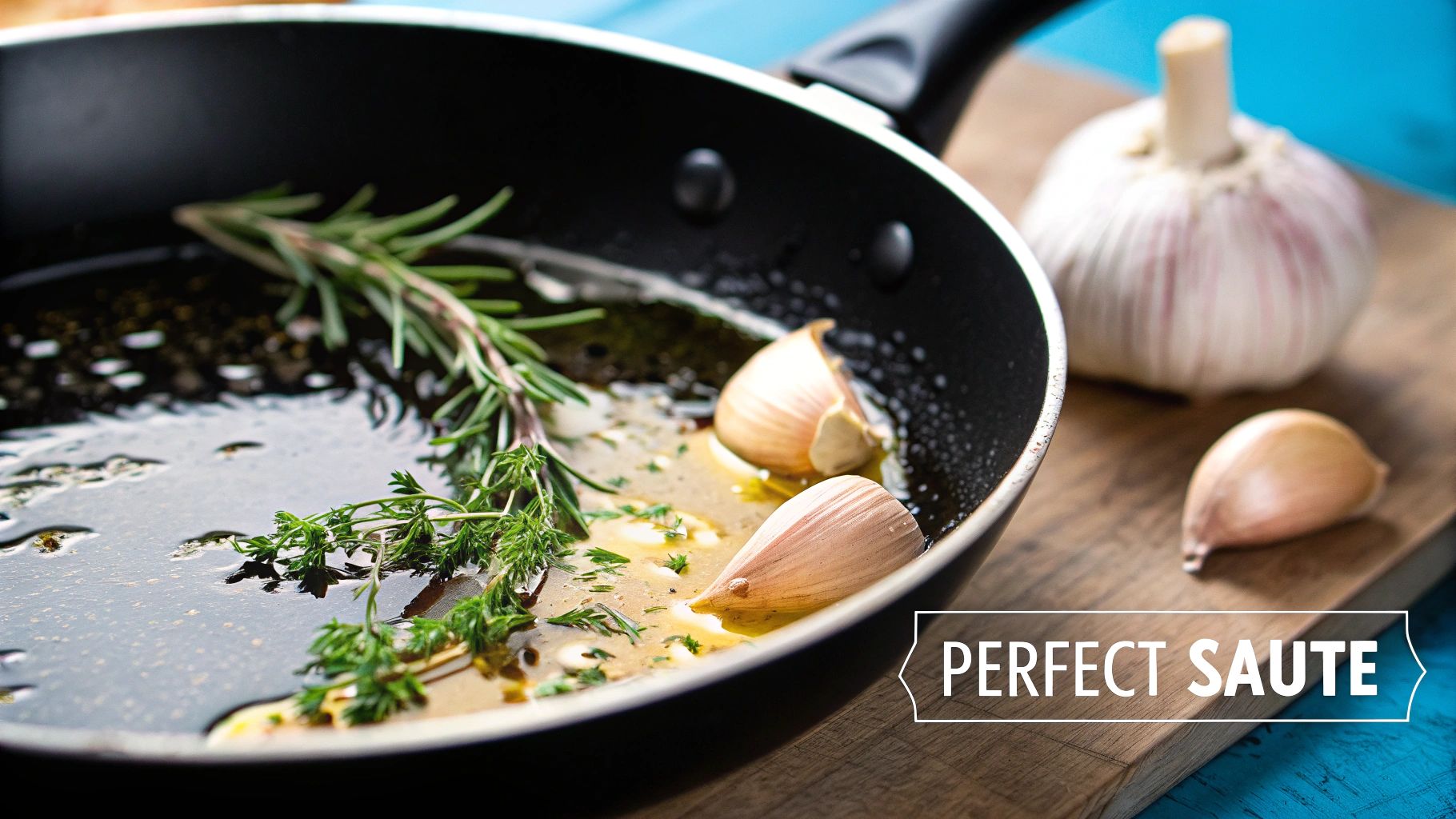 Spices and herbs being added to olive oil in a pan.