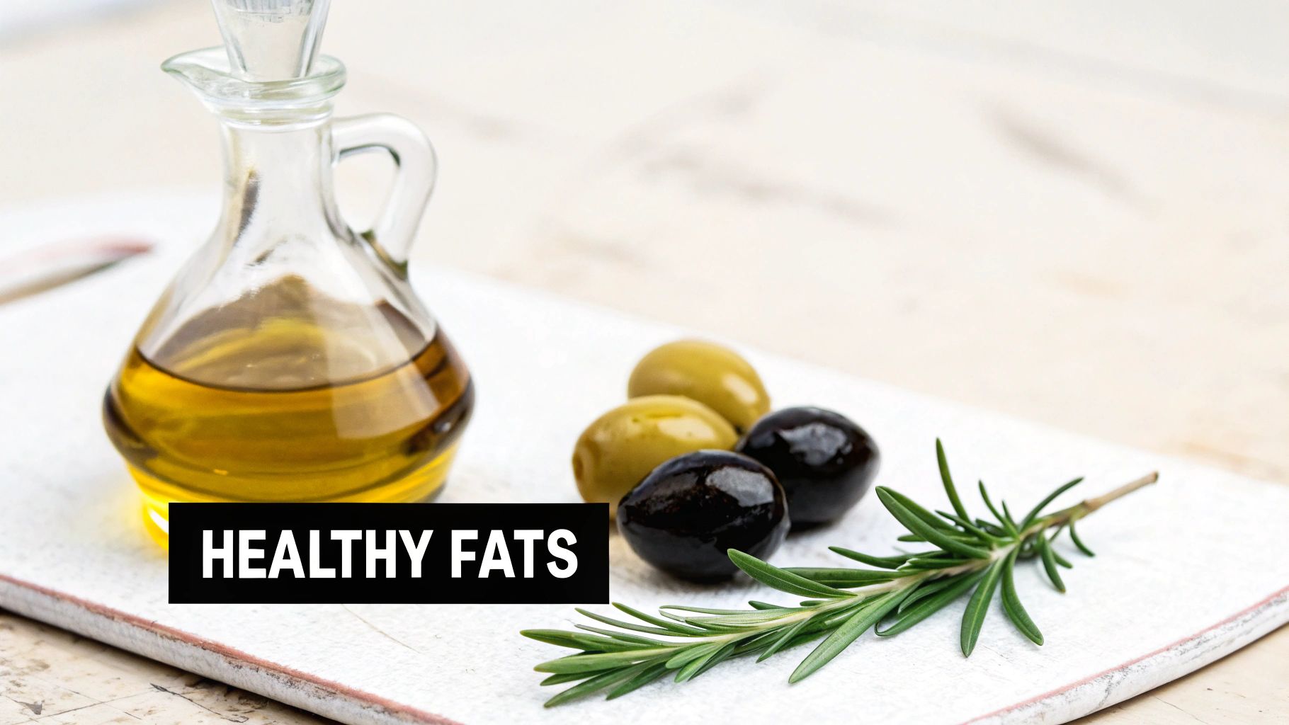 A glass bottle of olive oil with green and black olives and rosemary on a white board.