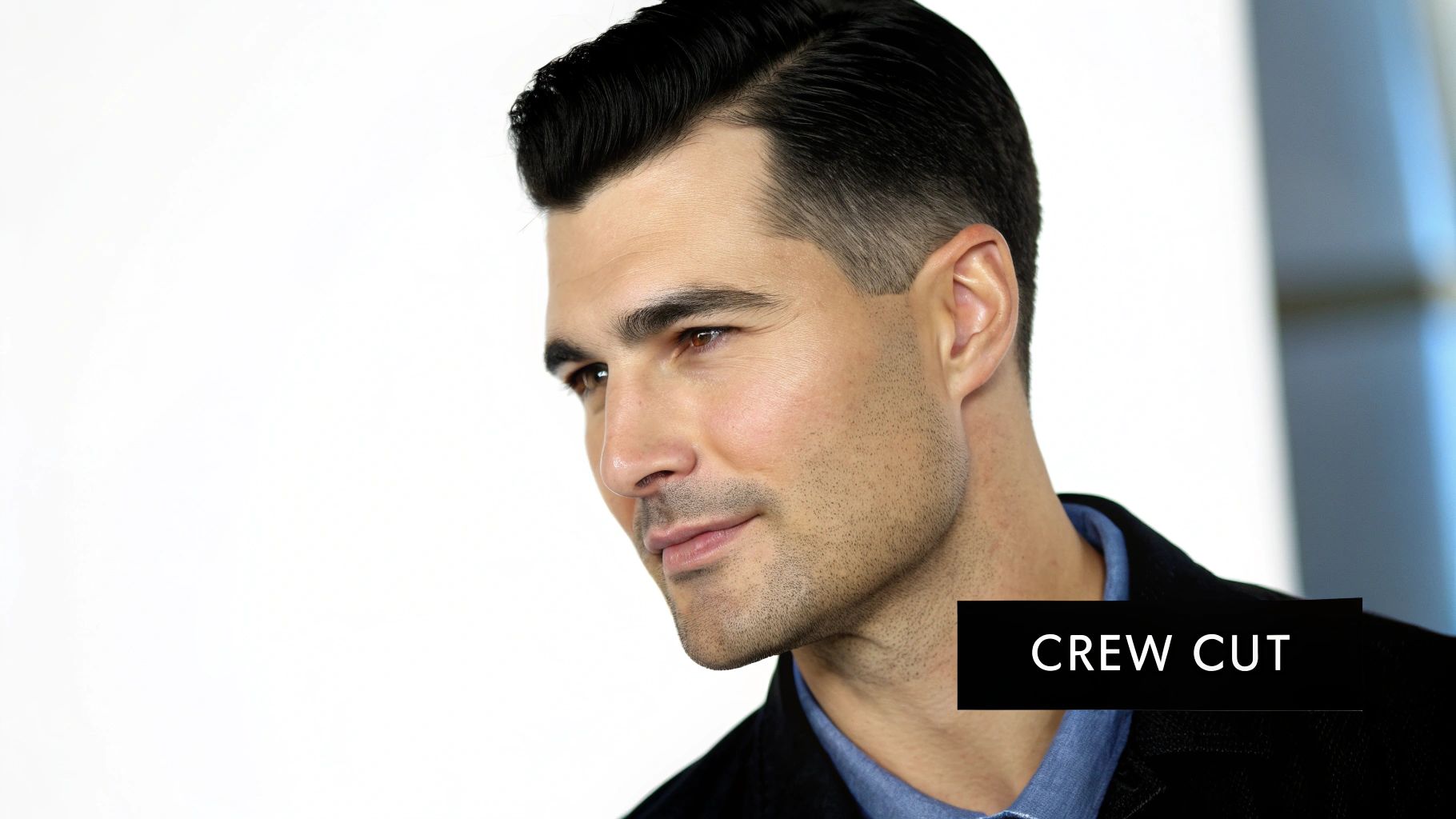 Close-up of a man with a neat crew cut, faded on the sides and styled on top.