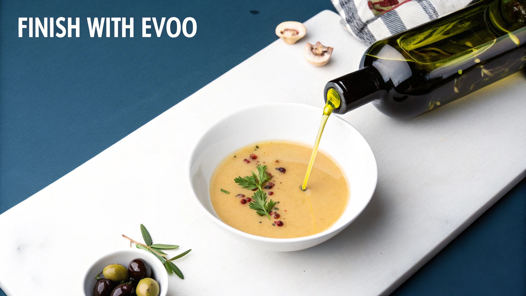 Extra virgin olive oil being poured from a bottle into a bowl of creamy, garnished soup.