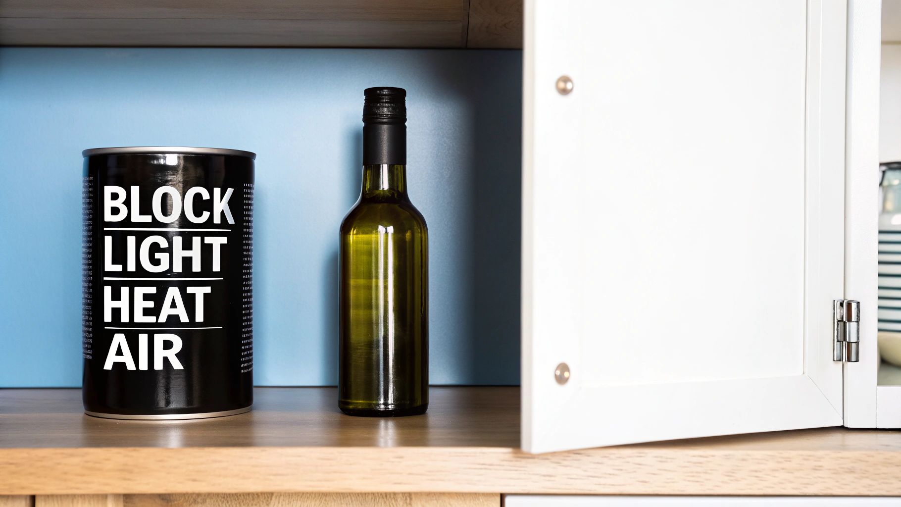 An opaque tin and a dark glass bottle of olive oil standing in a cool, dark pantry.