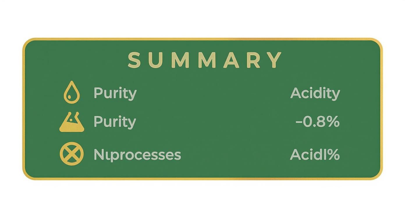 A green summary board with icons and text detailing purity, acidity, and processes of a product.