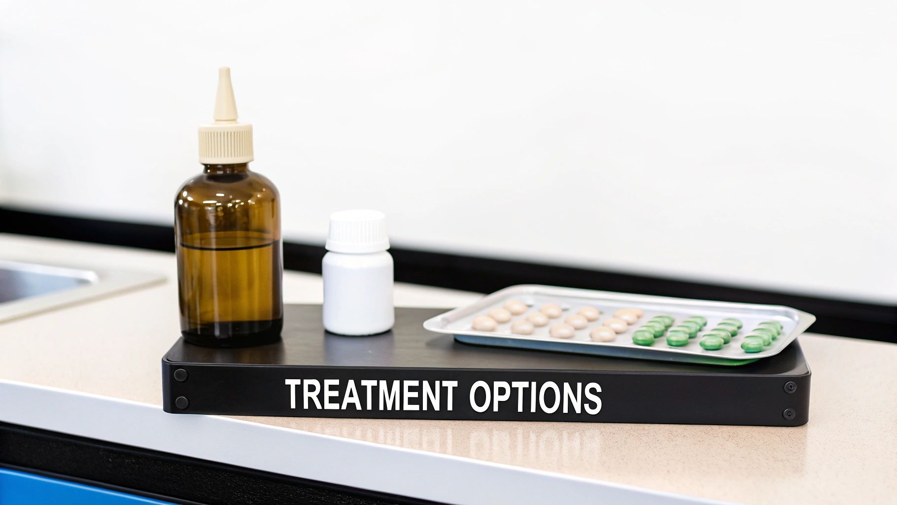 A collection of treatment options, including a dropper bottle, pill bottle, and a tray of pills.