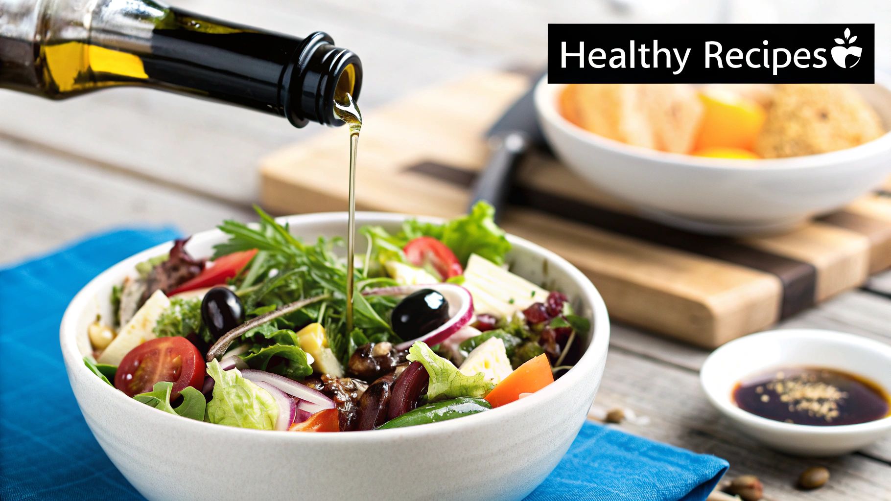 Adding olive oil to a salad