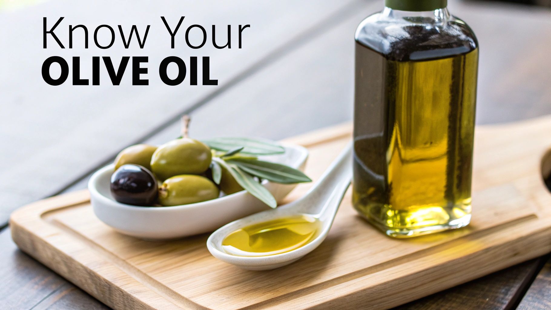 Know Your OLIVE OIL text with a bottle of olive oil, spoon, and fresh olives on a board.