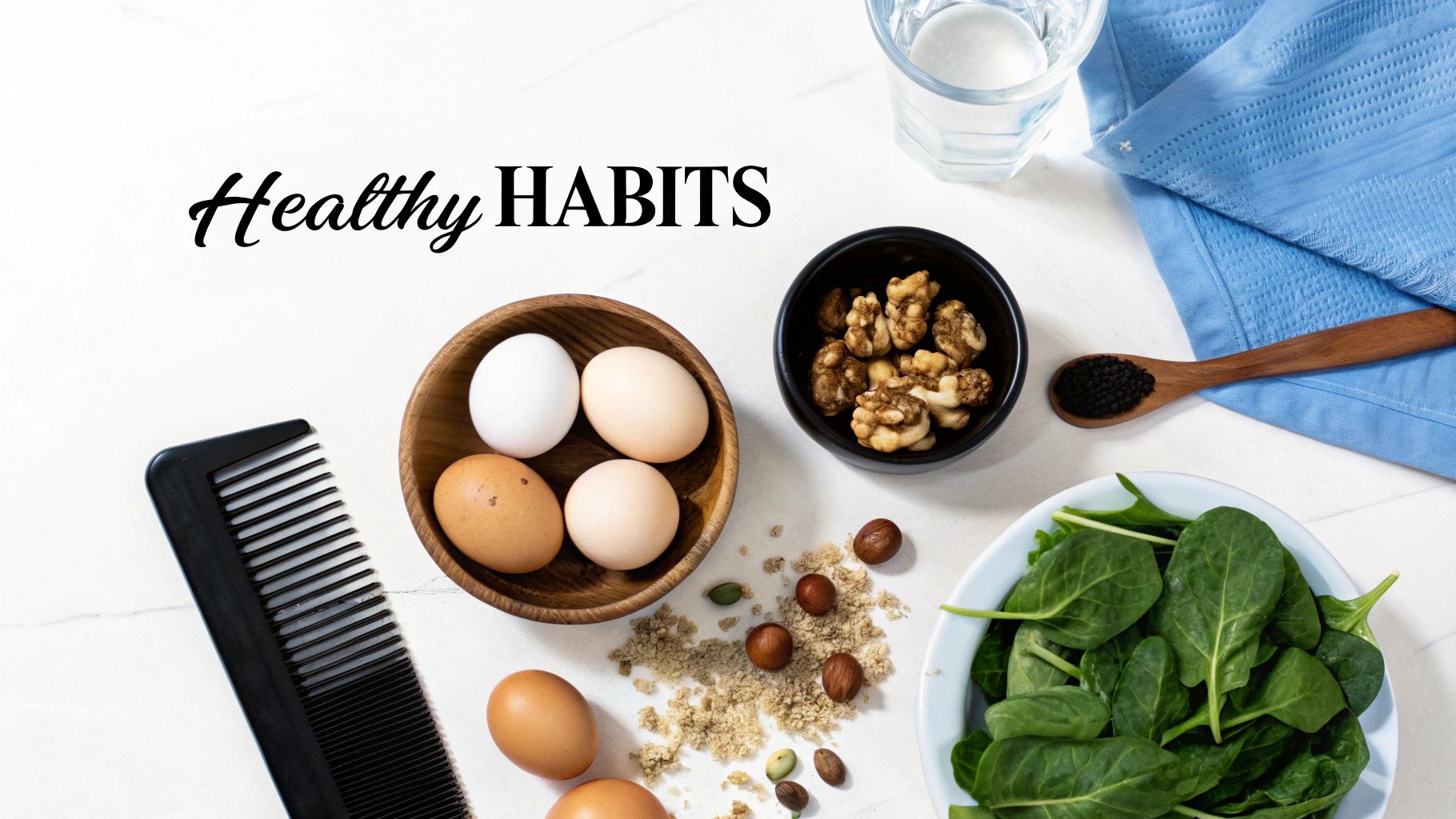 Healthy foods like avocados, salmon, and nuts arranged on a surface