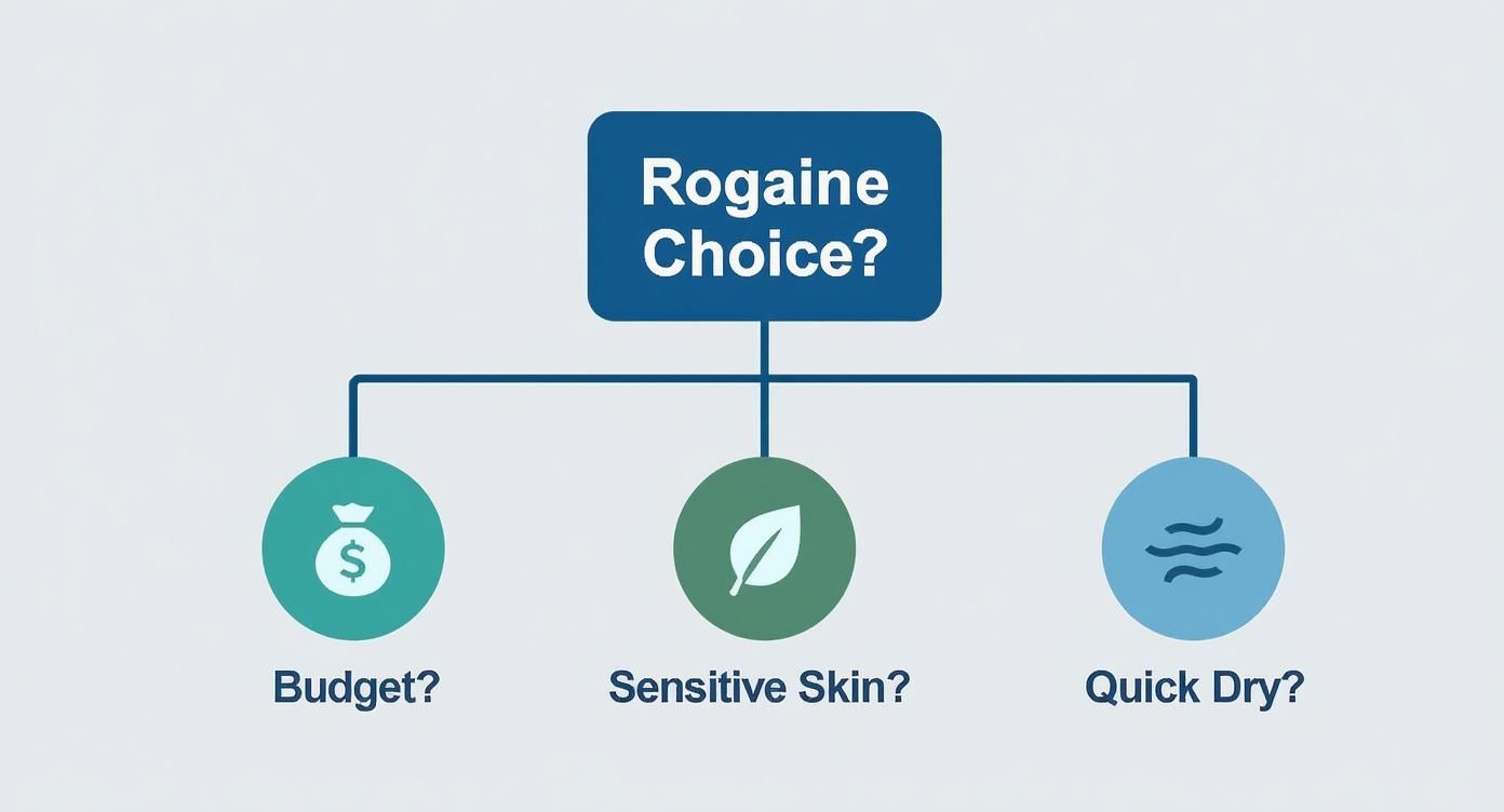 Flowchart guiding Rogaine choice based on budget, sensitive skin, or quick dry needs.