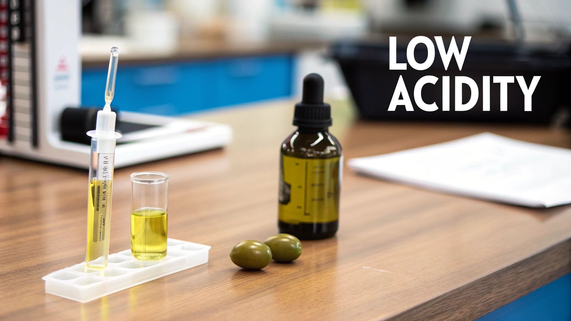 Olive oil in test tubes and dropper bottle, with olives and 'LOW ACIDITY' text on a lab table.