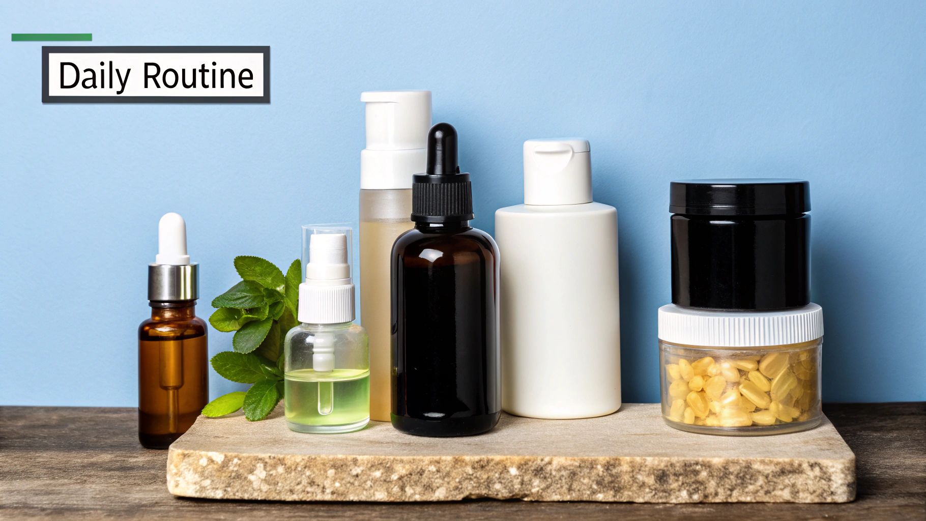 An assortment of natural ingredients including saw palmetto, pumpkin seeds, and green tea leaves, with text overlay reading 'Natural Blockers'