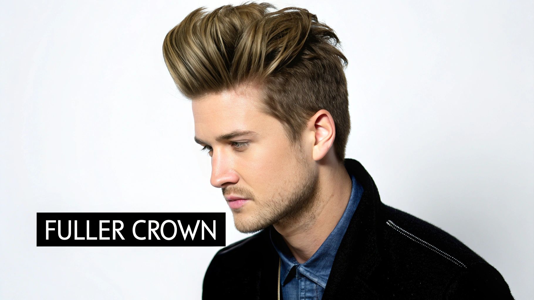 A stylish man with a voluminous, highlighted hairstyle, showcasing a fuller crown.