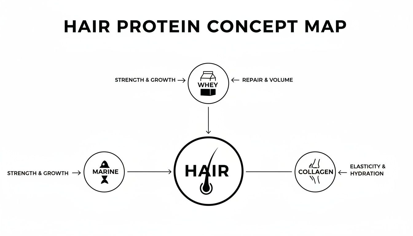 A hair protein concept map showing whey, marine, and collagen benefits for hair strength, growth, repair, and hydration.