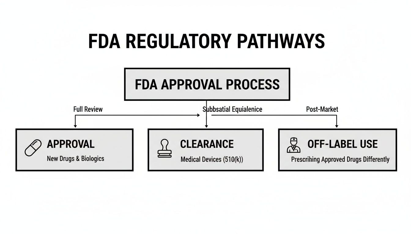 A flowchart illustrating FDA regulatory pathways including approval, clearance, and off-label use for drugs and devices.