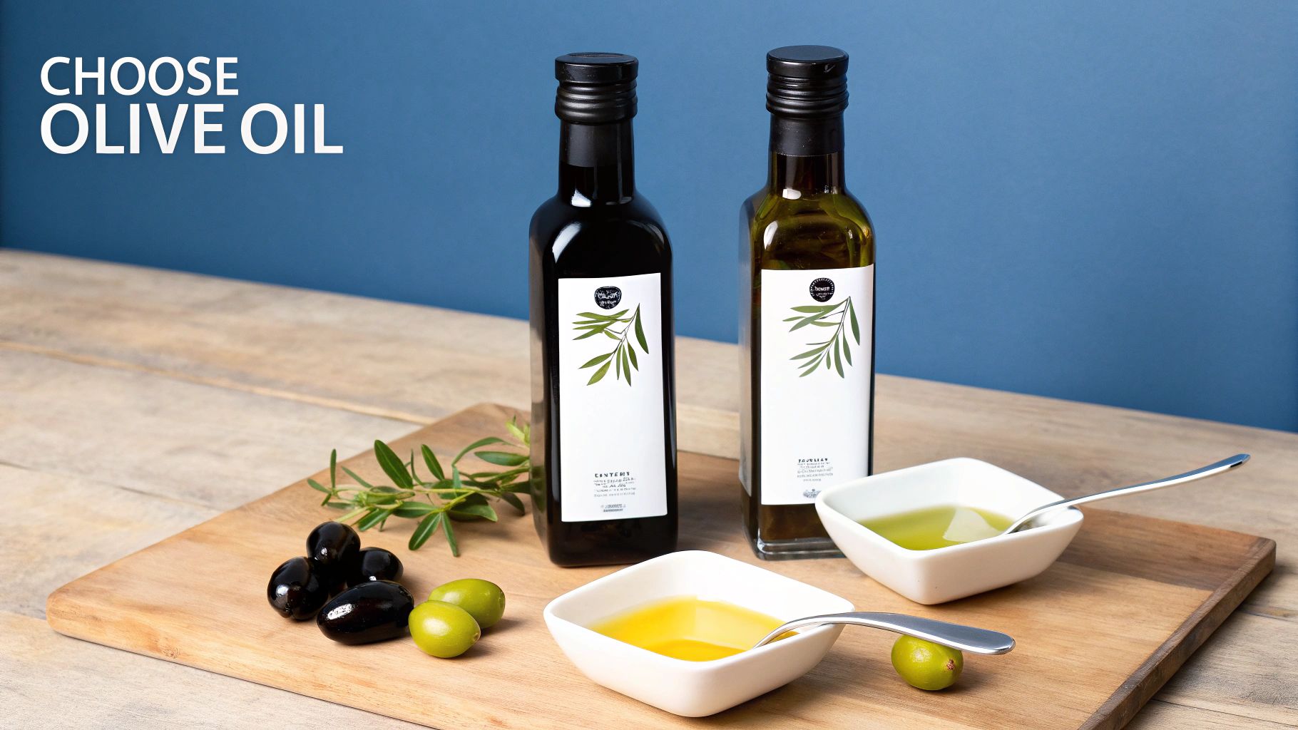 Two bottles of olive oil, fresh olives, and oil in bowls on a wooden board.
