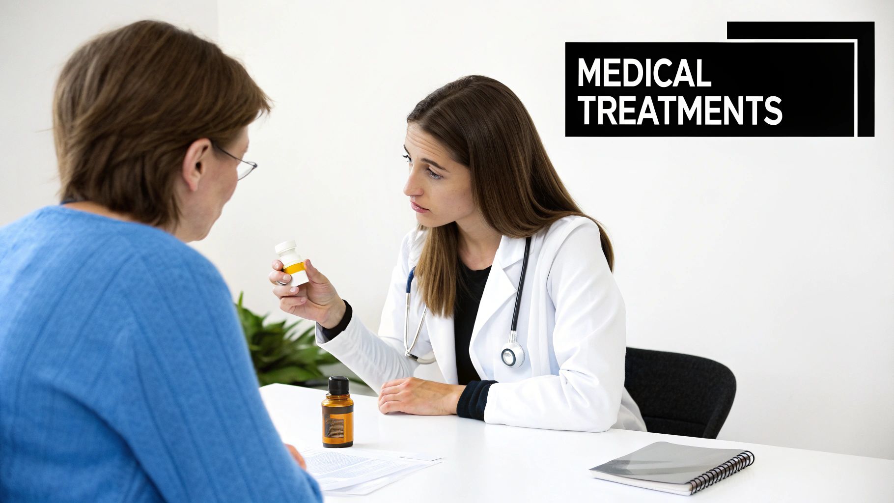 A female doctor in a white coat explains medication from a pill bottle to a patient during a medical consultation.