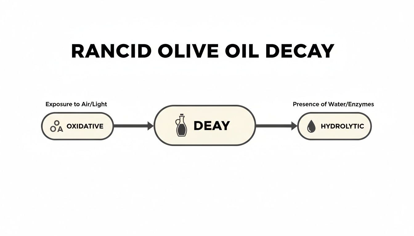 Diagram illustrating how olive oil decays, showing oxidative (air/light) and hydrolytic (water/enzymes) processes.