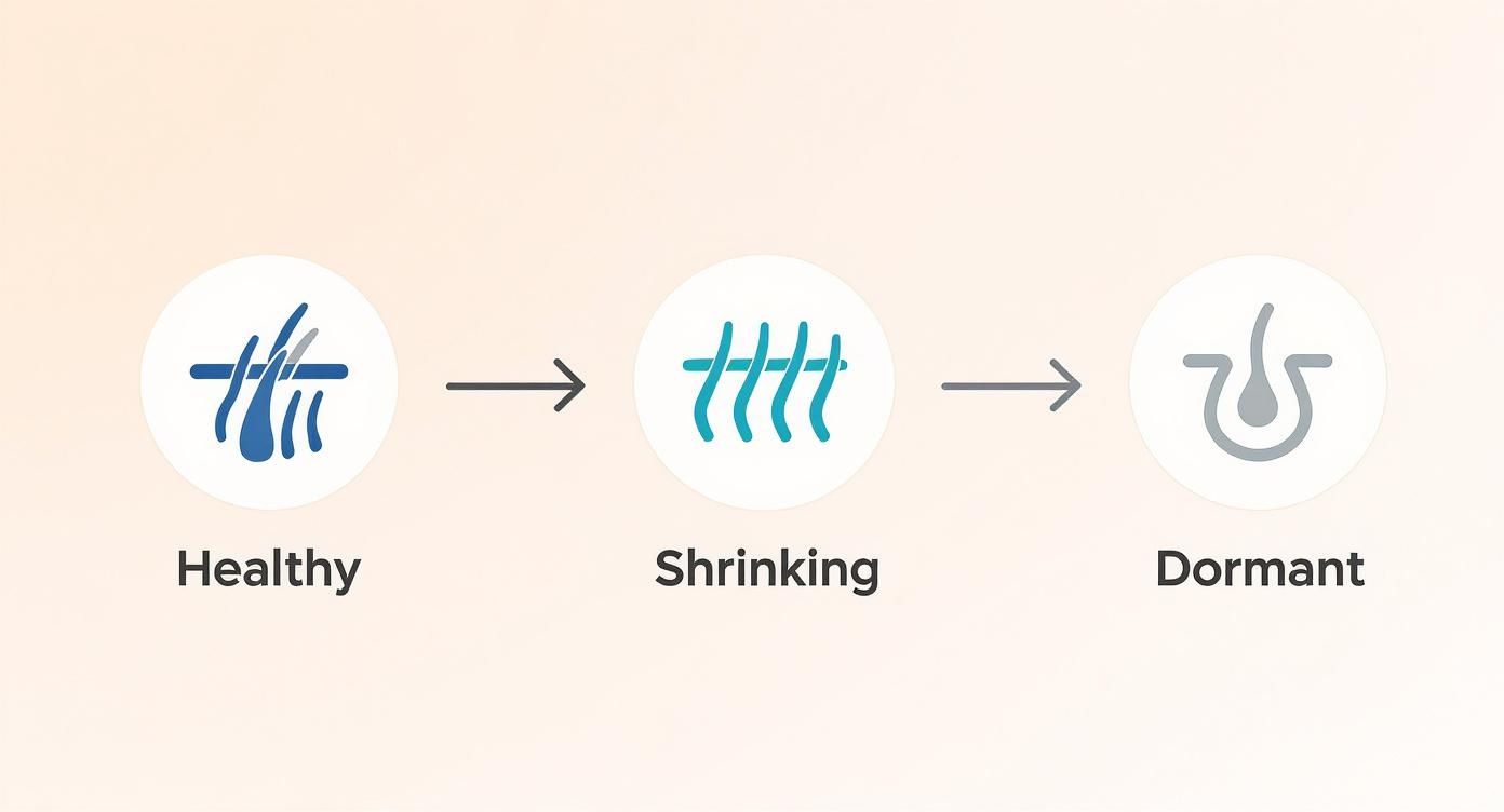 Visual diagram illustrating the progression of hair follicles from healthy to shrinking and dormant stages.