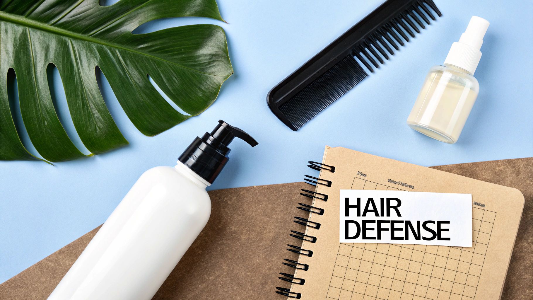 Hair care products including a white shampoo bottle, spray bottle, comb, and a tropical leaf on a blue background.