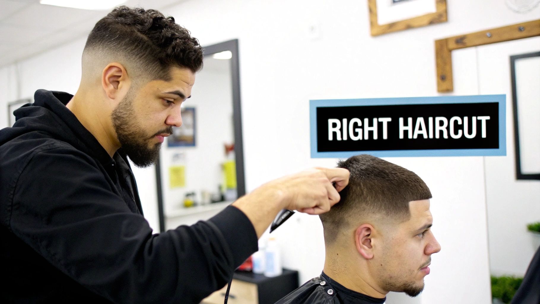 A male barber meticulously cuts a client's hair with clippers in a modern barbershop setting.