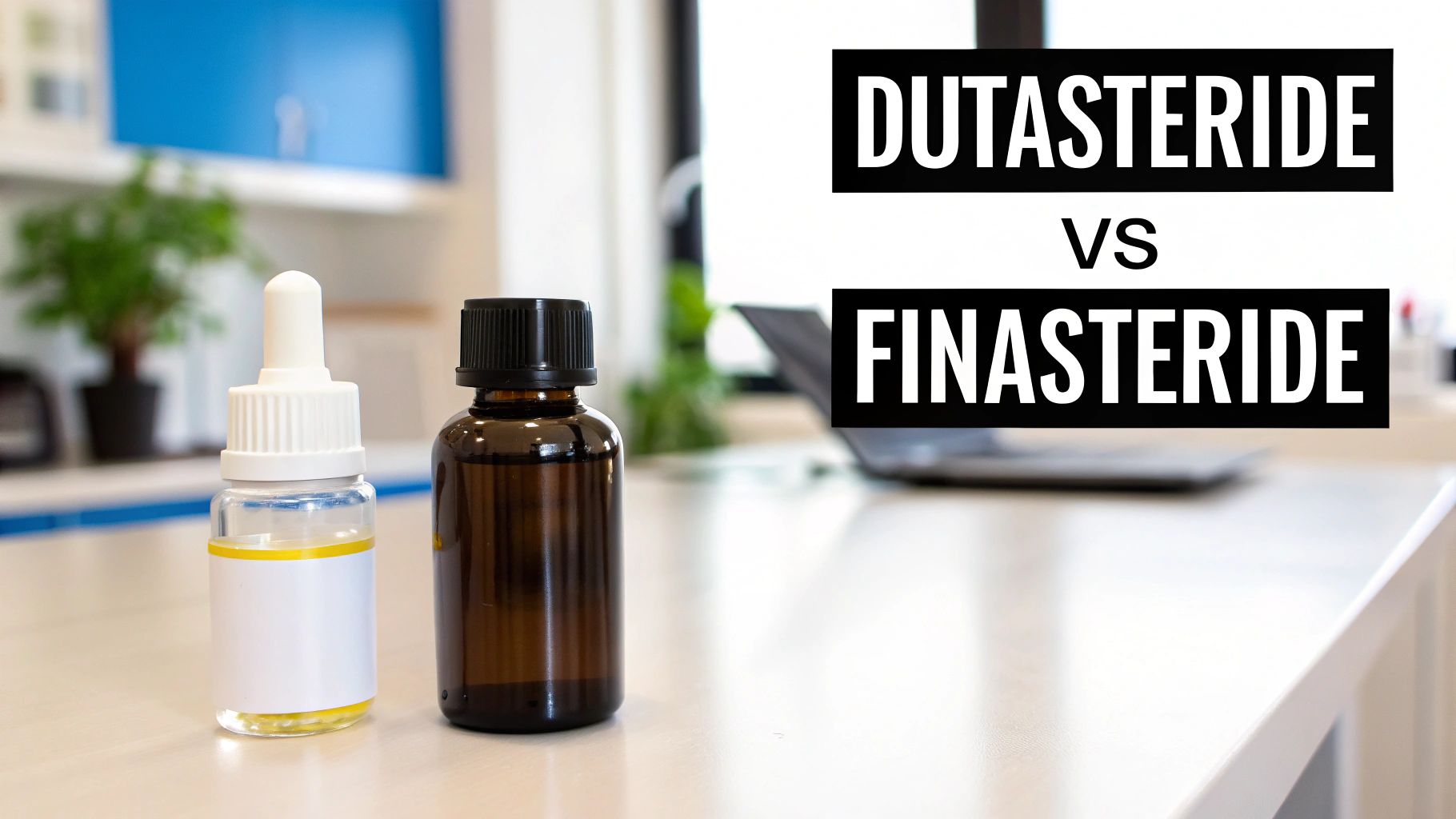 Bottles of medication on a table, illustrating the comparison of Dutasteride versus Finasteride.