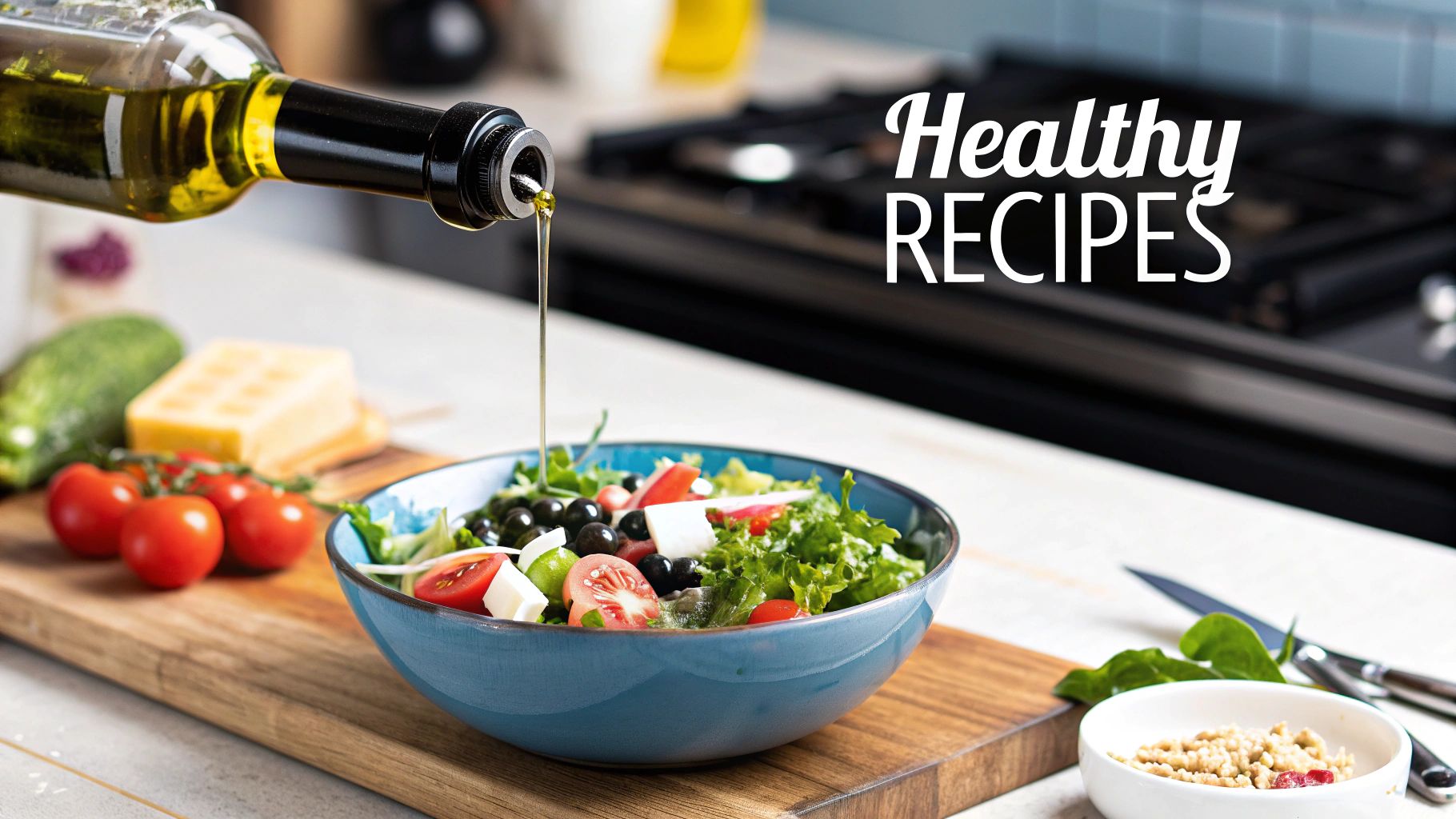A woman drizzling extra virgin olive oil over a fresh salad