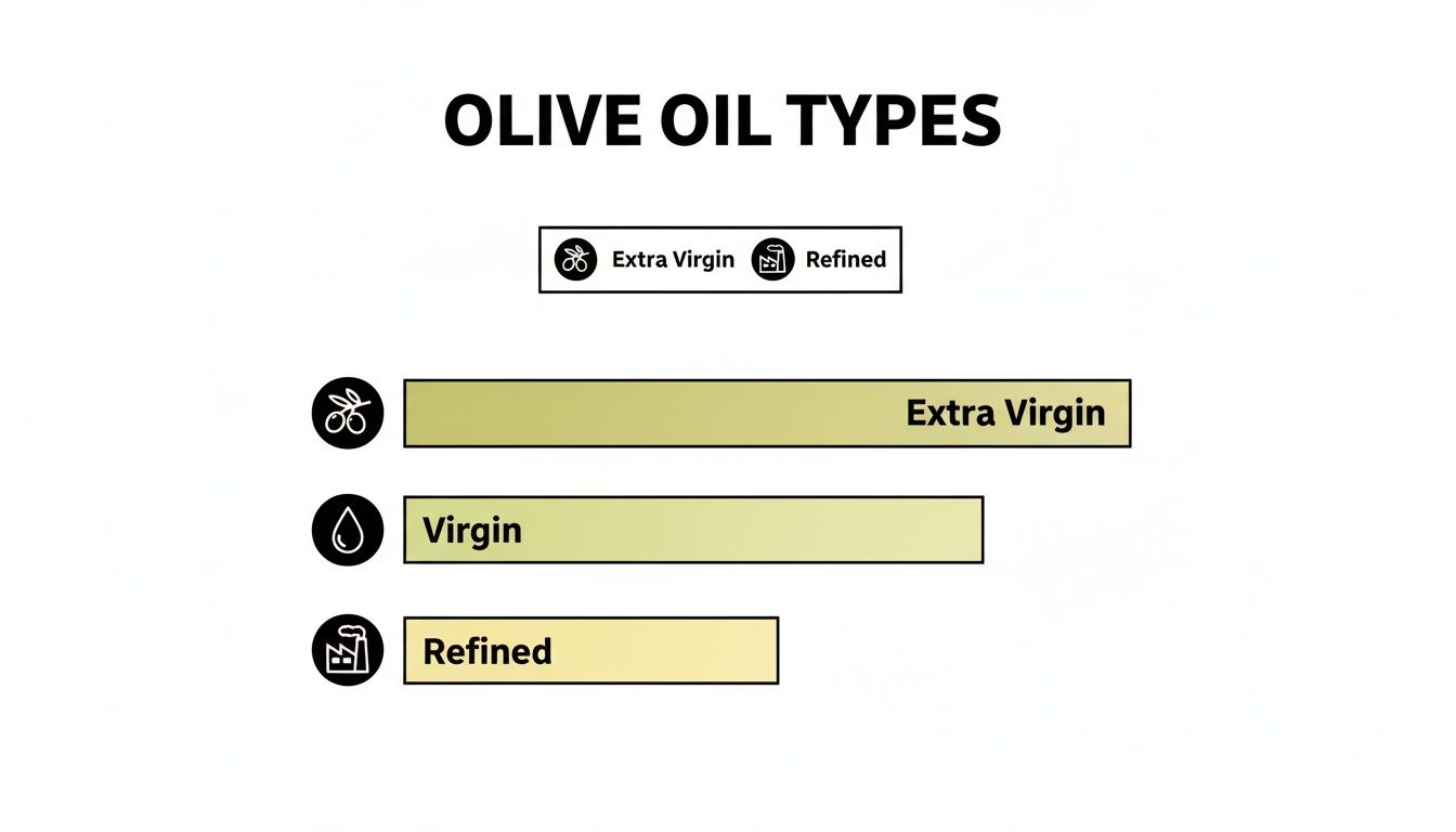 Infographic illustrating different olive oil types: Extra Virgin, Virgin, and Refined, with icons.