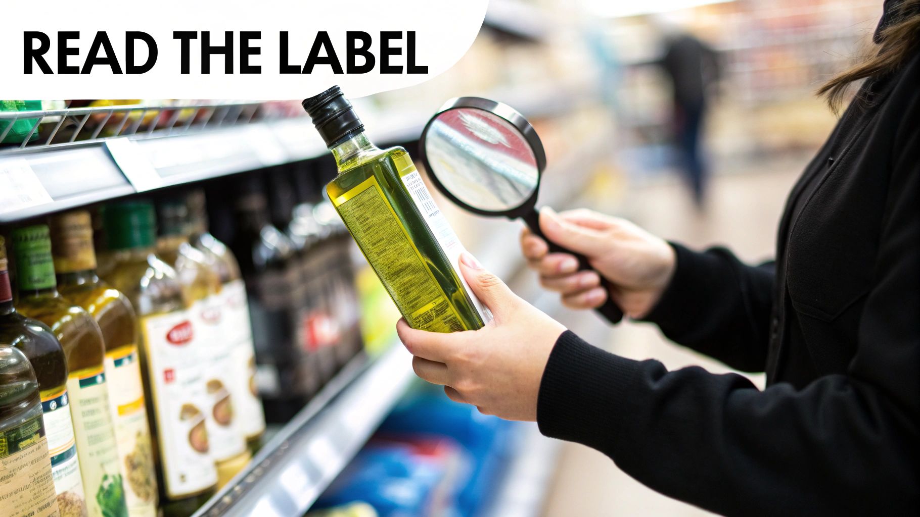 A shopper examines an olive oil bottle label with a magnifying glass in a store aisle.