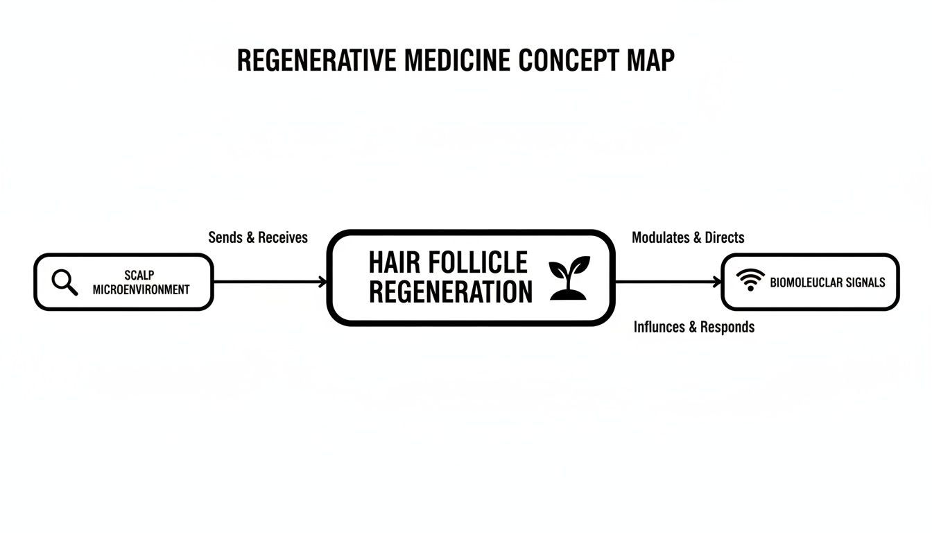 A concept map illustrating regenerative medicine for hair follicle regeneration, connecting scalp microenvironment and biomolecular signals.