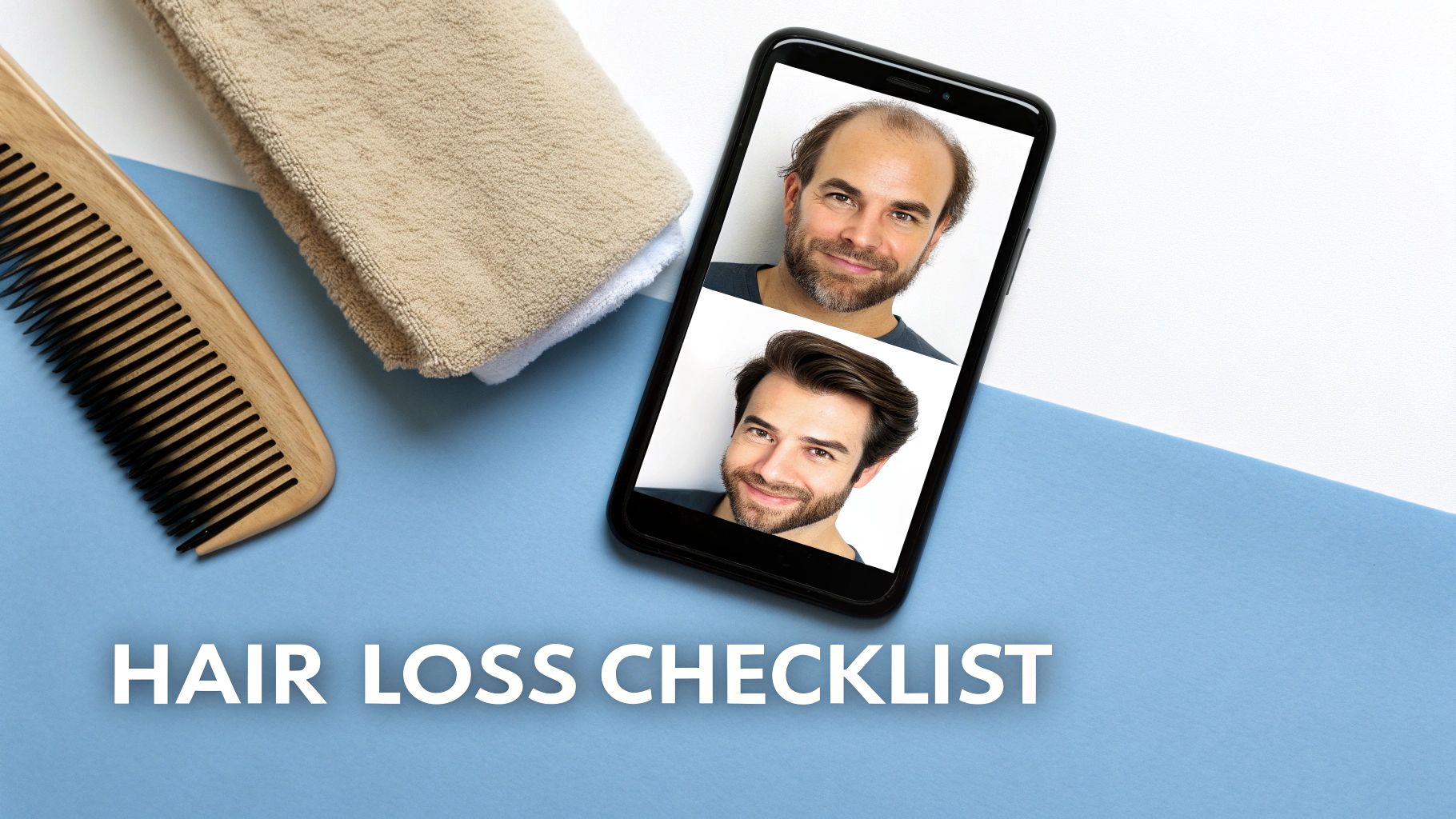 Smartphone showing a man with baldness and full hair, next to a comb and towel.
