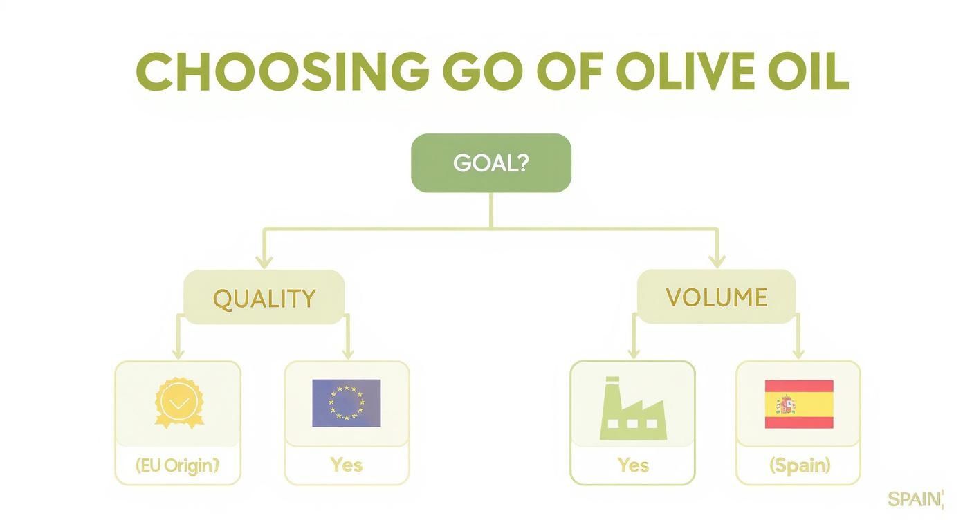Flowchart showing decision tree for choosing olive oil based on quality or volume goals