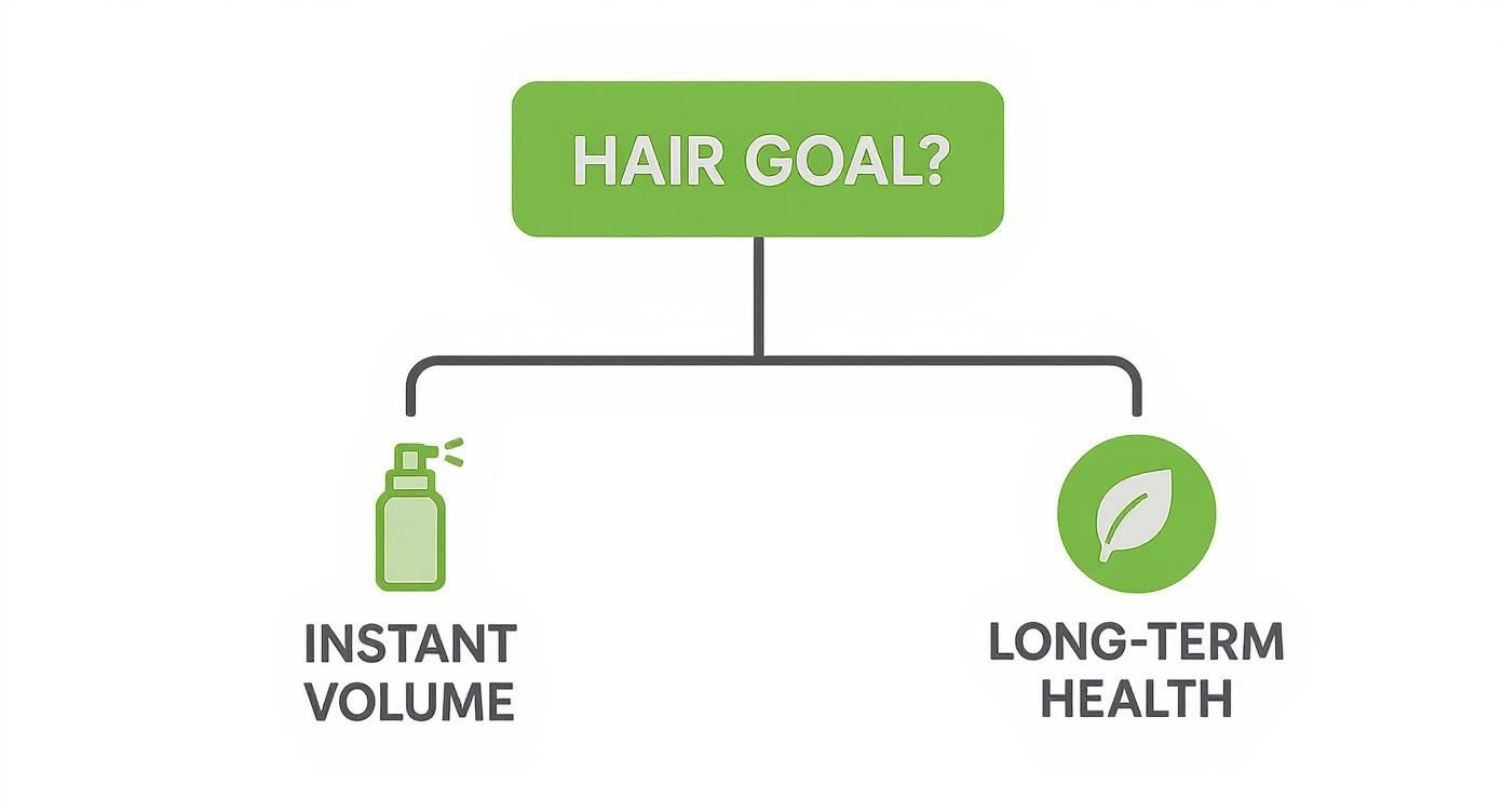 Flowchart showing hair care goals: instant volume with product spray versus long-term health with natural approach