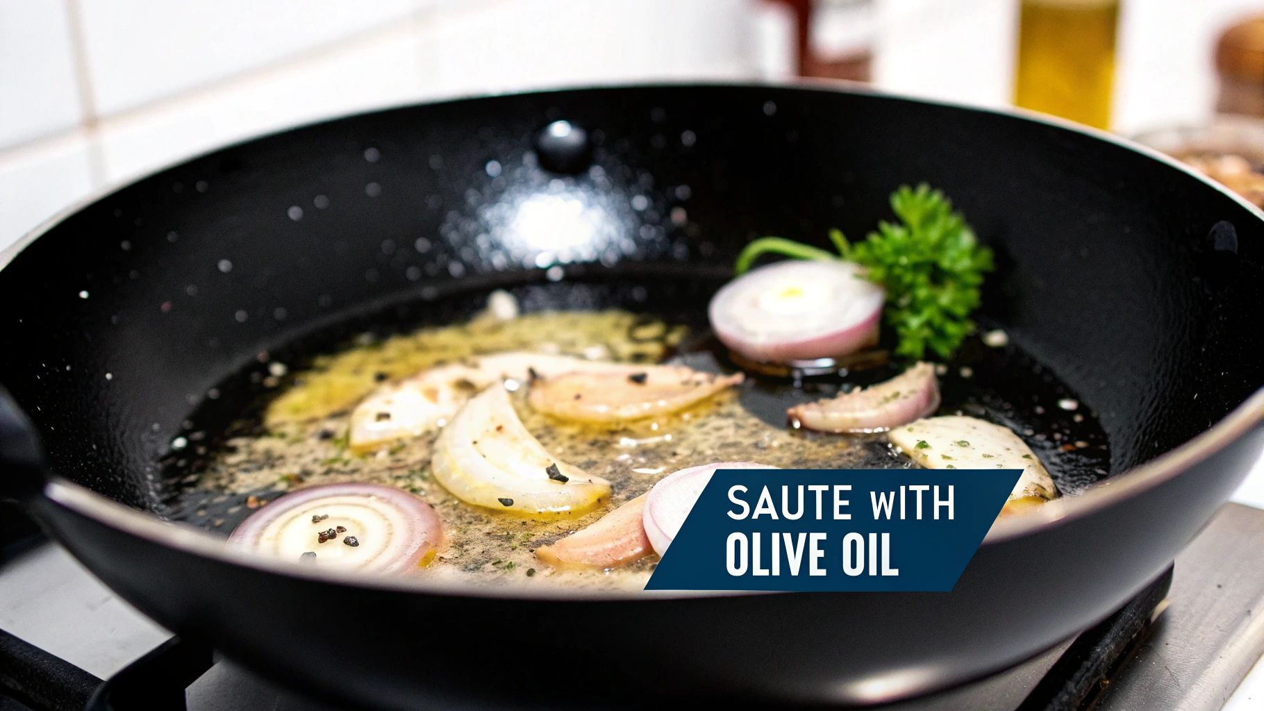 Olive oil being drizzled into a hot pan with fresh ingredients ready for sauteing